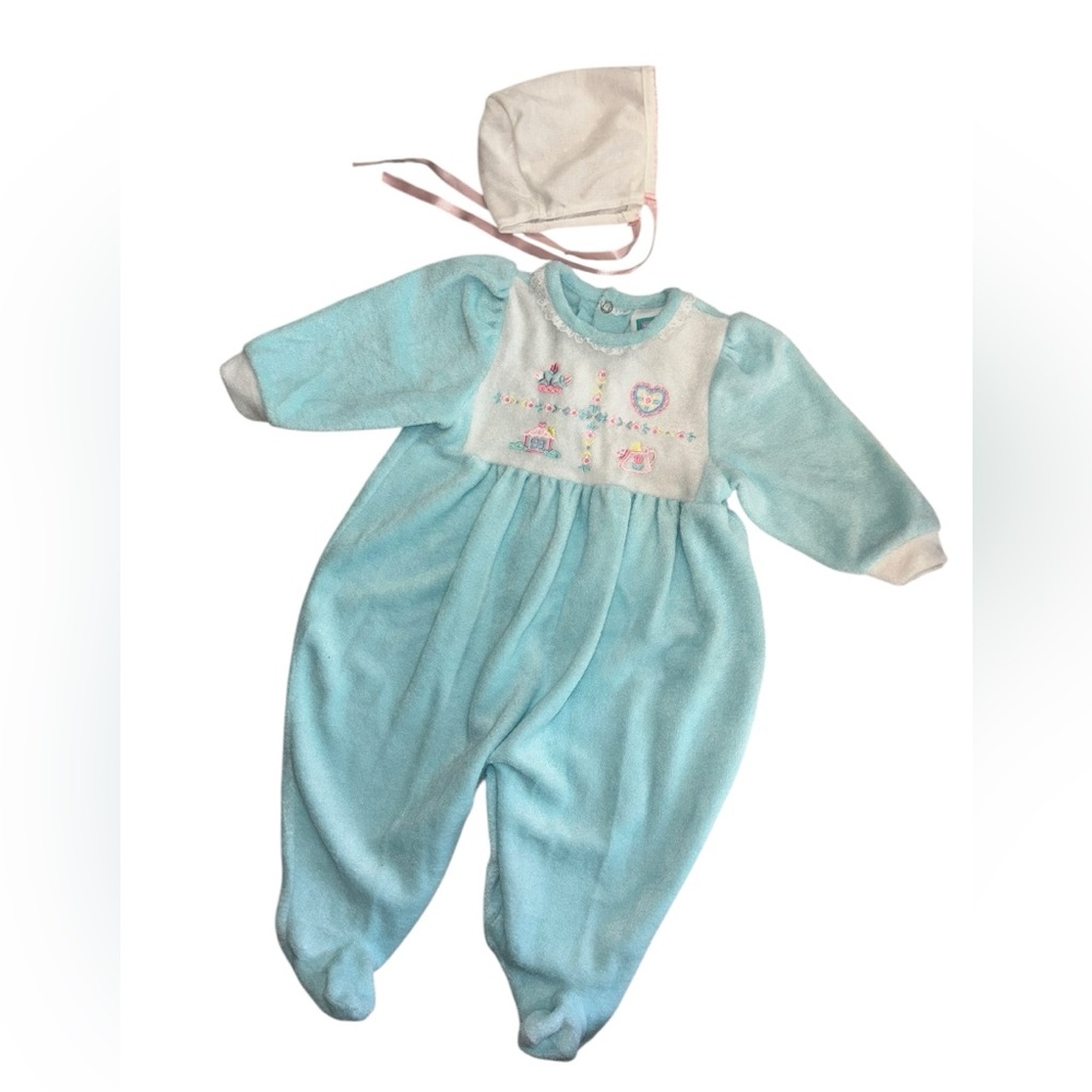 Vintage 90s Little Me Fleece Cottagecore Cross Stitch Them Pajamas W/ Bonnet 3-6